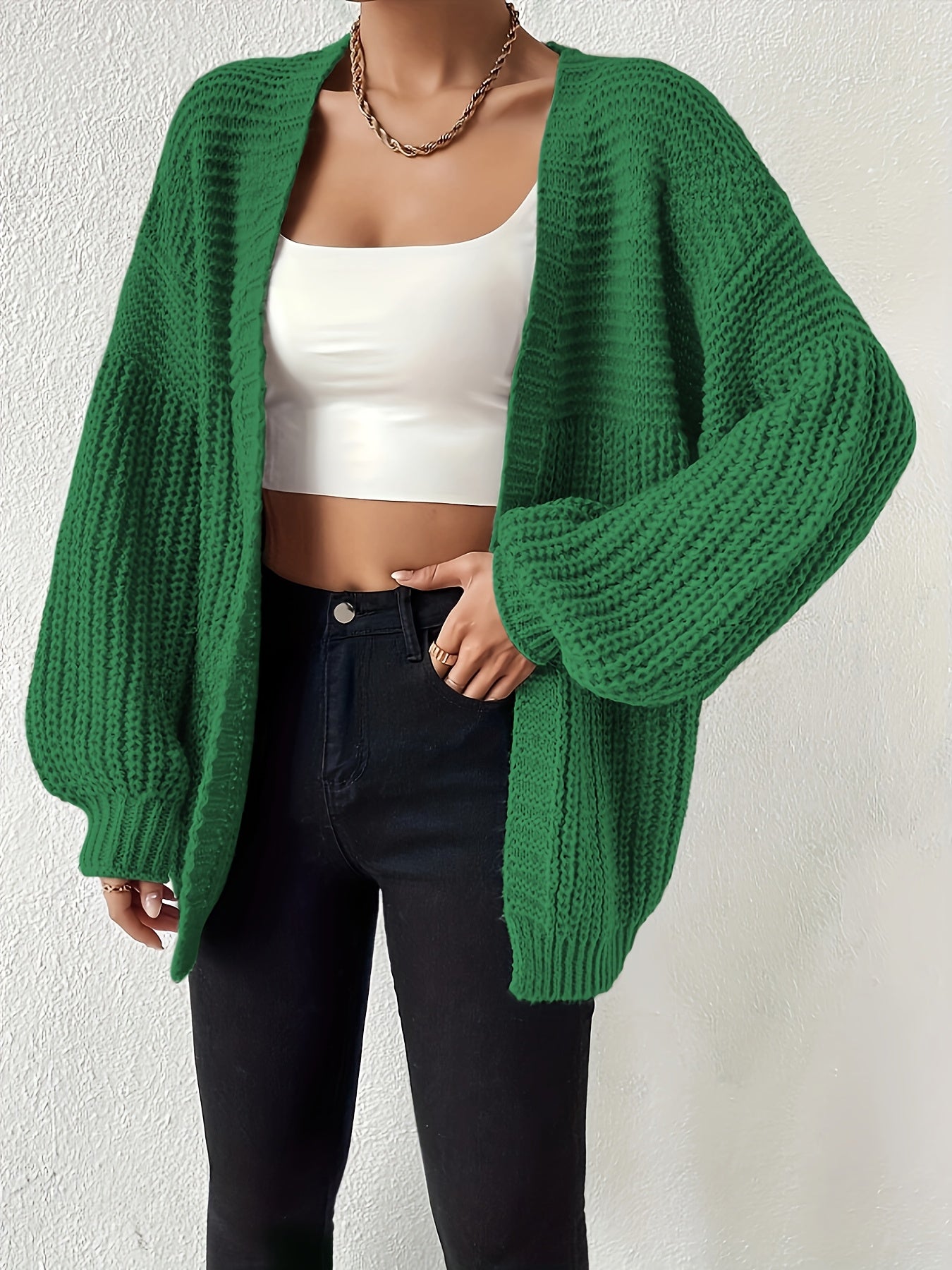 Comfortable Chunky Knit Cardigan for Women with Open Front Balloon Sleeve Oversized Relaxed Style