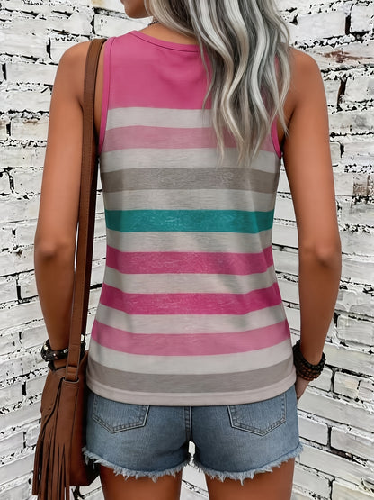 Effortless Rose Red Striped Tank Top for Women with Round Neck Sleeveless Racerback Casual Style