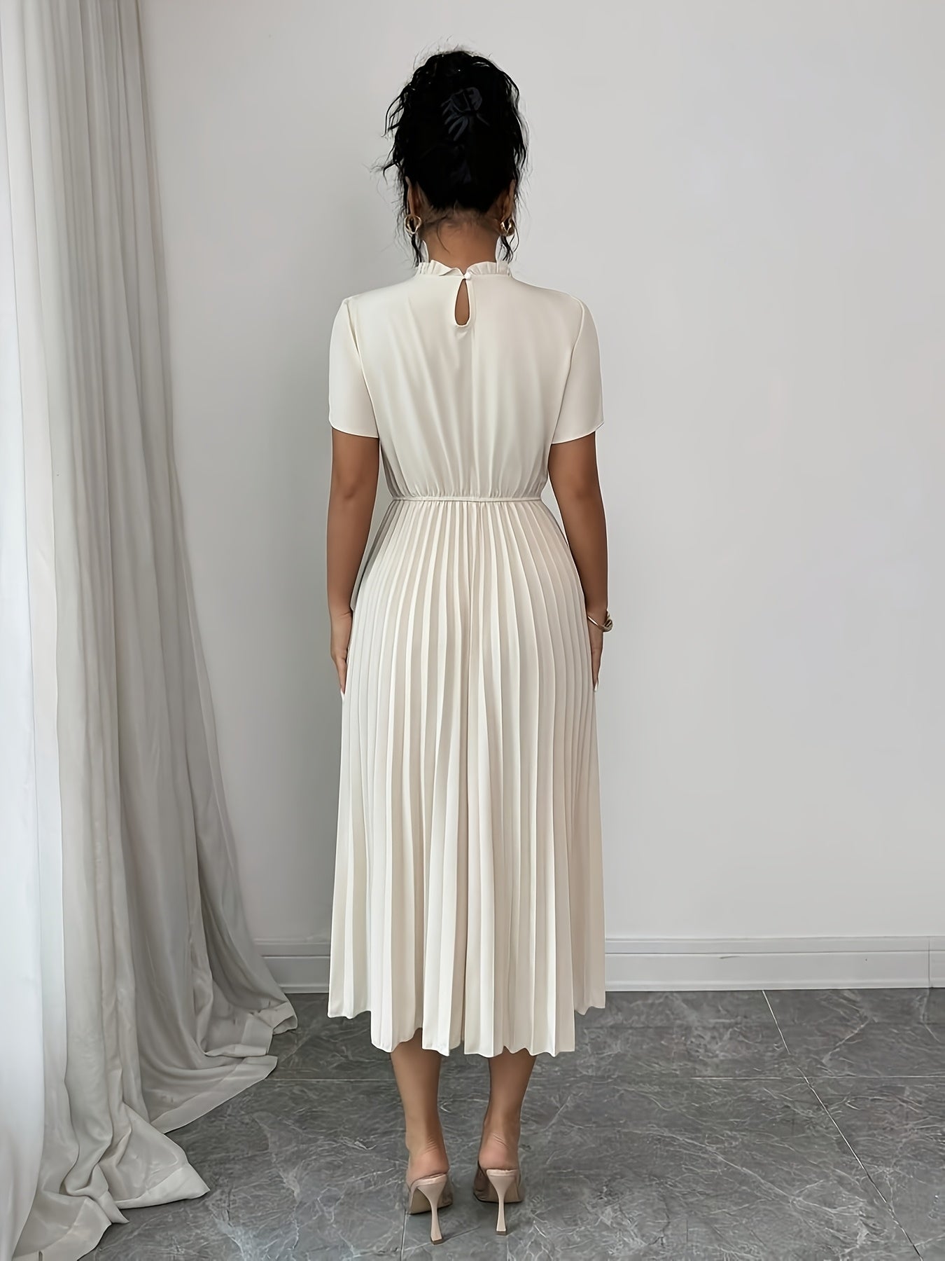 Elegant Apricot Pleated Midi Dress for Women with Ruffle Mock Neck Short Sleeve Pearl Detail Flowing Style
