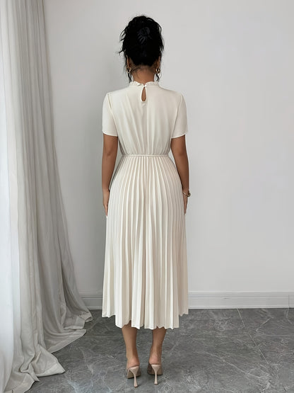 Elegant Apricot Pleated Midi Dress for Women with Ruffle Mock Neck Short Sleeve Pearl Detail Flowing Style