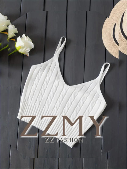Effortless Cable Knit Crop Top for Women with V Neck Sleeveless Ribbed Fitted Tank Style