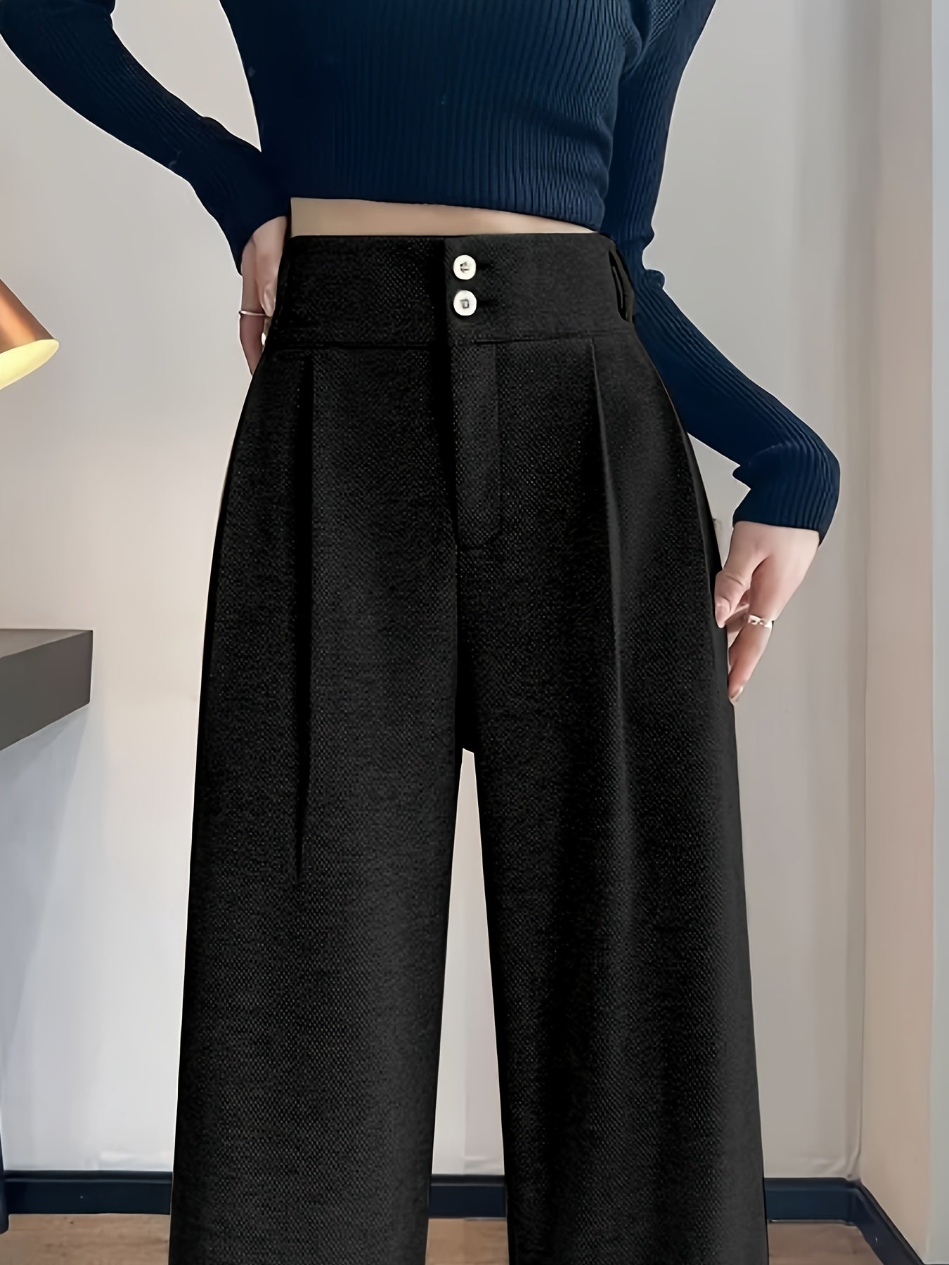Effortless Herringbone Wide Leg Pants for Women with High Waist Button Front Pleated Tailored Style