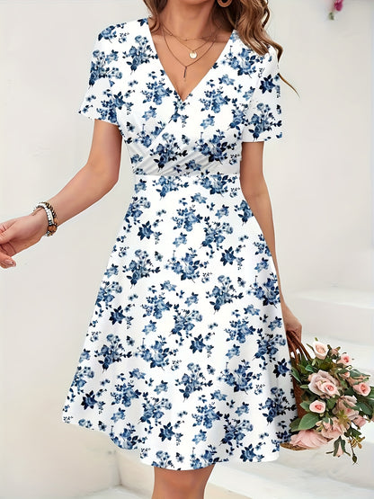 Effortless Blue Floral Midi Dress for Women with V Neck Short Sleeve Wrap Fit and Flare Style