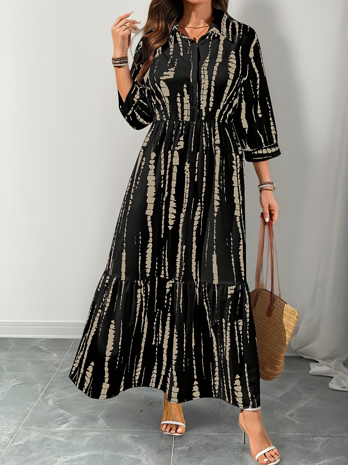 Elegant Black Tie Dye Maxi Shirt Dress for Women with Collar Elbow Sleeve Tiered Button Front Flowing Style