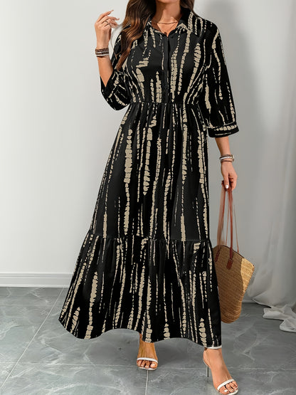 Elegant Black Tie Dye Maxi Shirt Dress for Women with Collar Elbow Sleeve Tiered Button Front Flowing Style