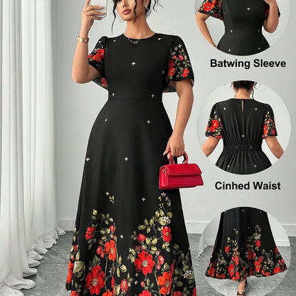 Elegant Black Floral Maxi Dress for Women with Round Neck Batwing Sleeve Cinched Waist Flowing Style