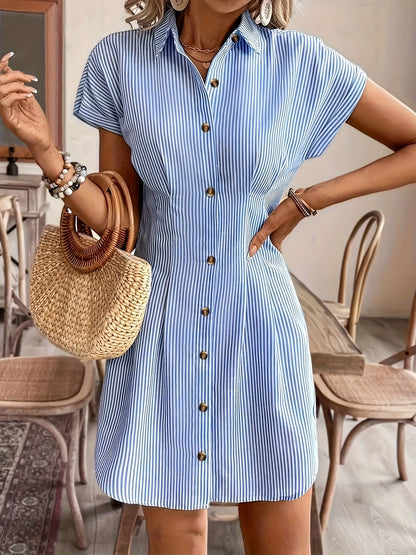 Elegant Striped Short-Sleeve A-Line Shirt Dress for Women, High-Waist Button-Up Casual Summer Office Dress in Light Pastel, Comfortable Polyester Fabric, French-Style, Solid Color, Women's Shirt Dress, Casual Shirt Dress, High-Waist, Office Dress