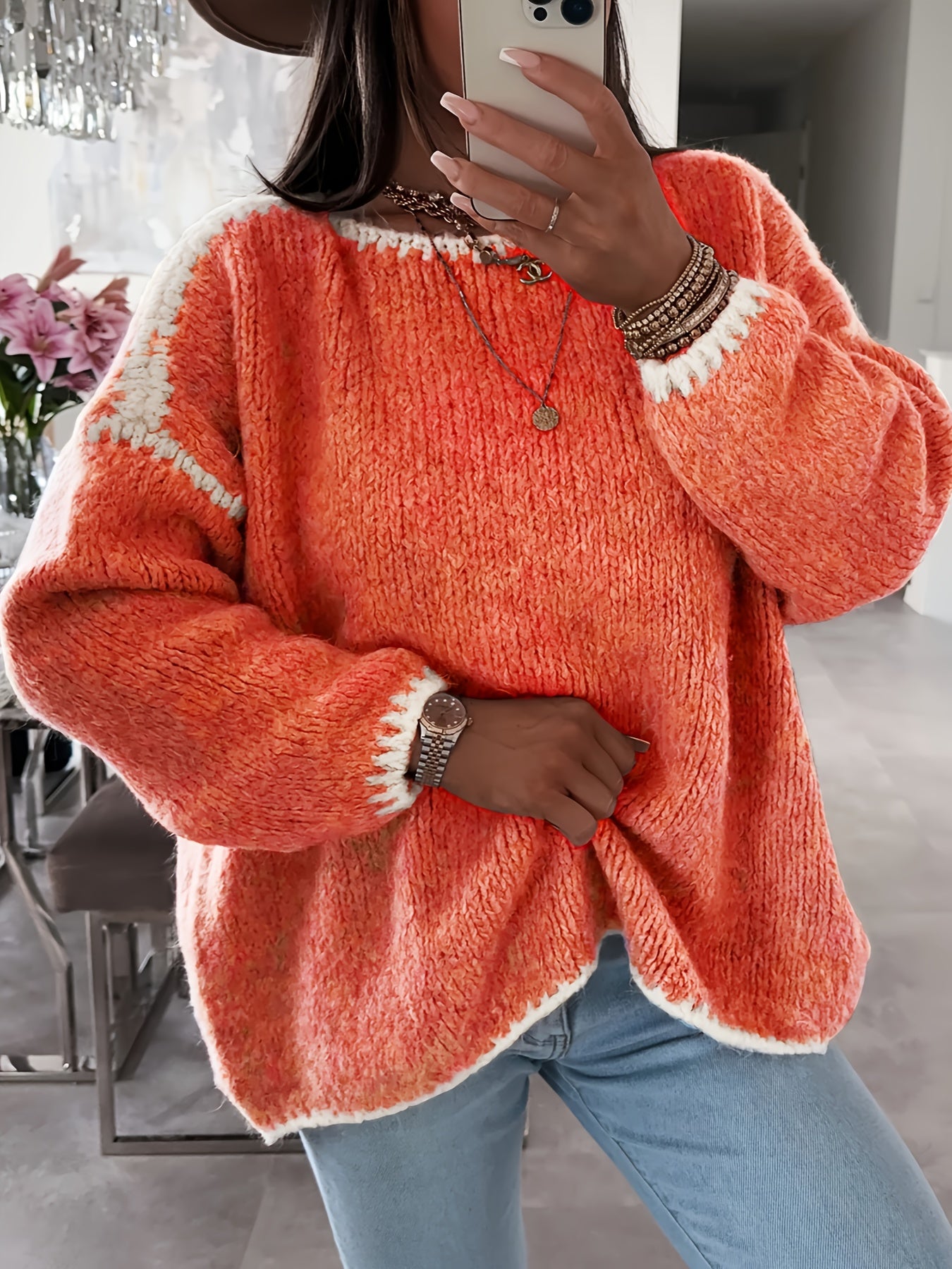 Solid Boat Neck Pullover Sweater, Women'S Casual Long Sleeve Loose Contrast Sweater
