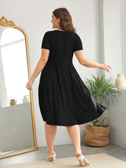 Elegant Burgundy Button Front Midi Dress for Women with V Neck Short Sleeve Fit Flare Plus Size Style