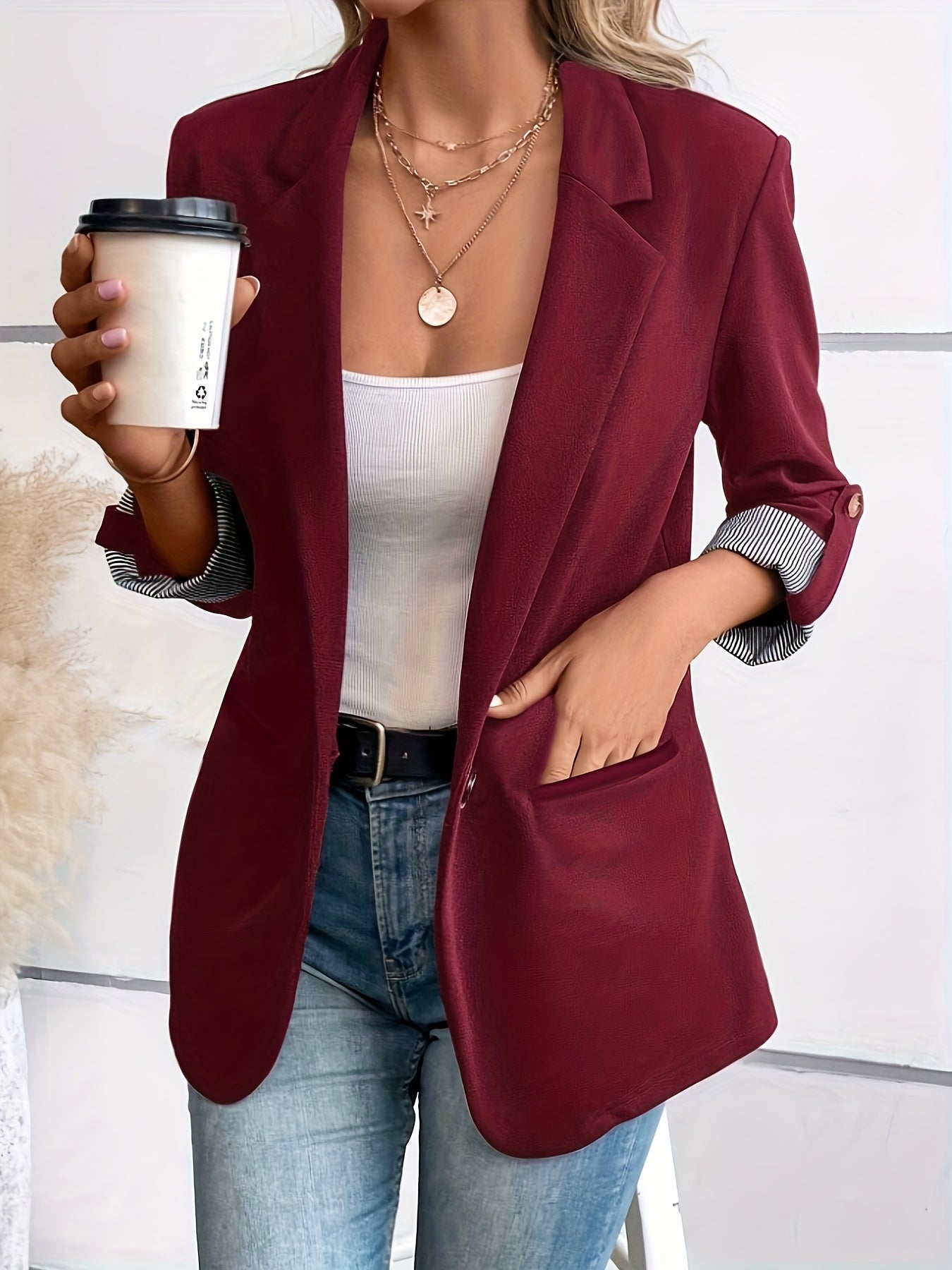 Elegant Striped Cuff Blazer for Women with Notch Lapel Roll Tab Sleeve Relaxed Style