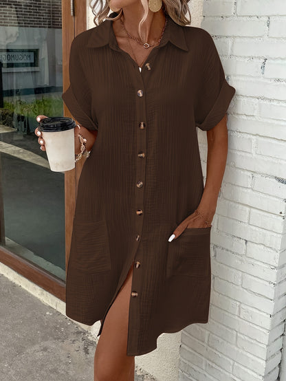 Effortless Textured Cotton Shirt Dress for Women with Collar Short Sleeve Button Front Relaxed Style
