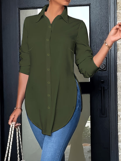 Effortless Longline Tunic Blouse for Women with Collar Long Sleeve High Low Hem Relaxed Style