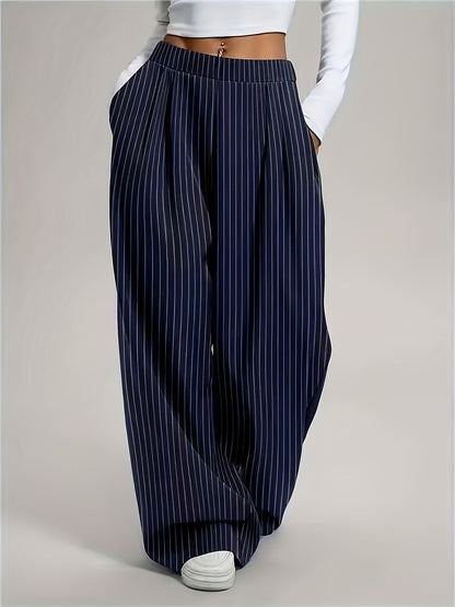 Effortless Navy Pinstripe Wide Leg Trousers for Women with High Waist Pleated Relaxed Flowing Style