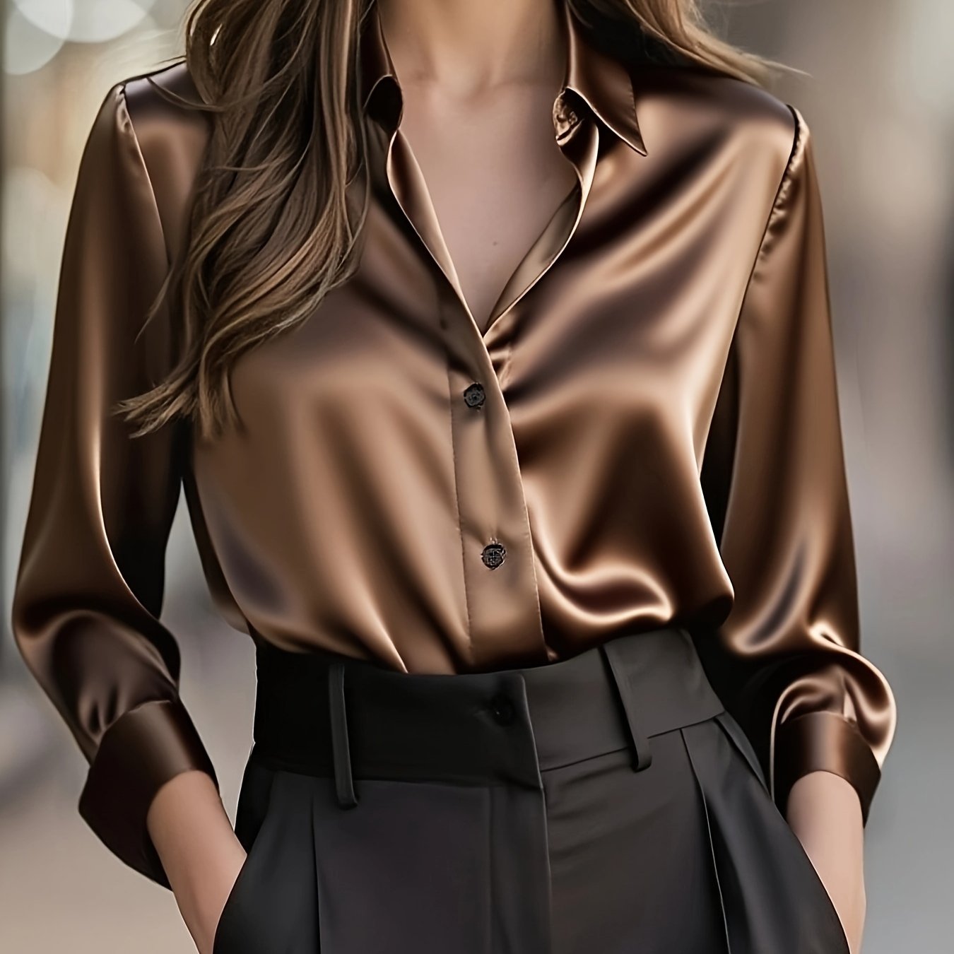 Elegant Satin Blouse for Women with Notched Collar Long Sleeve Button Front Silky Style