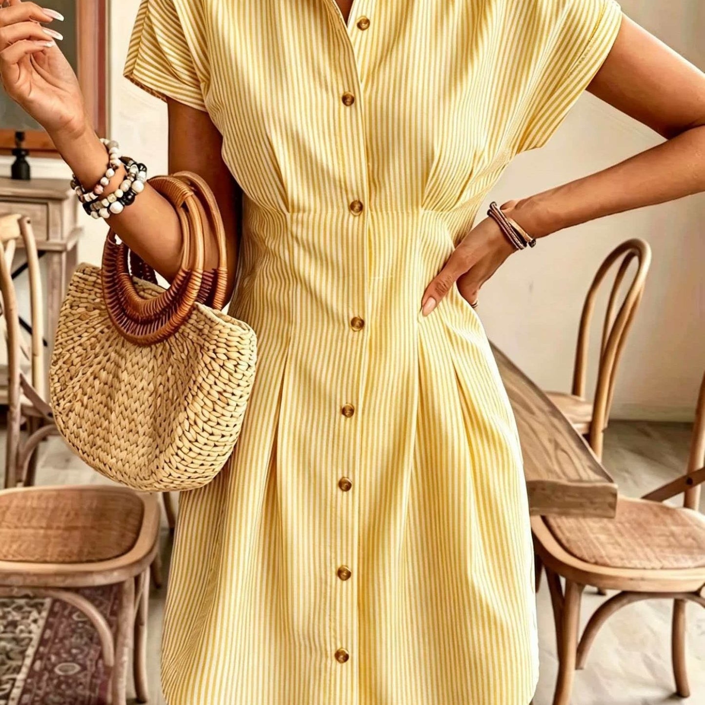 Elegant Striped Short-Sleeve A-Line Shirt Dress for Women, High-Waist Button-Up Casual Summer Office Dress in Light Pastel, Comfortable Polyester Fabric, French-Style, Solid Color, Women's Shirt Dress, Casual Shirt Dress, High-Waist, Office Dress