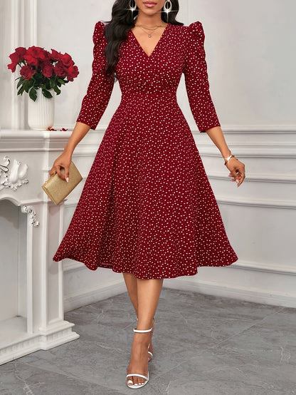 Elegant Polka Dot Midi Dress for Women with V Neck Puff Sleeve Fit and Flare Cocktail Style