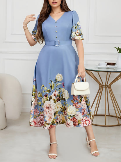 Effortless Floral Midi Dress for Women with V Neck Flutter Sleeve Belted A Line Style