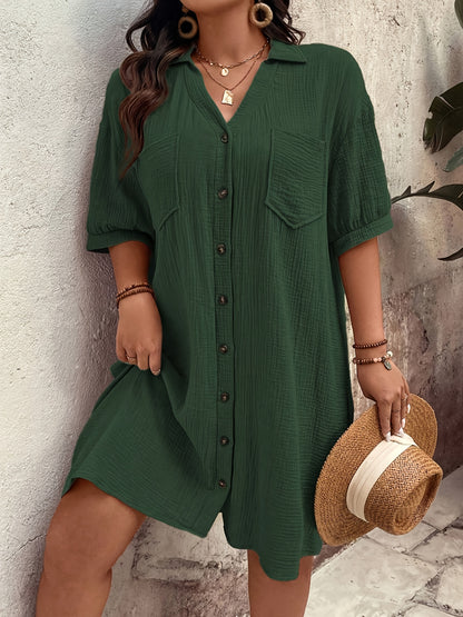 Effortless Wheat Cotton Shirt Dress for Women with Collar Elbow Sleeve Button Front Relaxed Casual Style