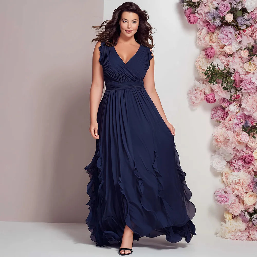 Elegant Navy Blue Chiffon Maxi Dress for Women with V Neck Ruffle Sleeve Ruched Waist Flowing Wedding Guest Style