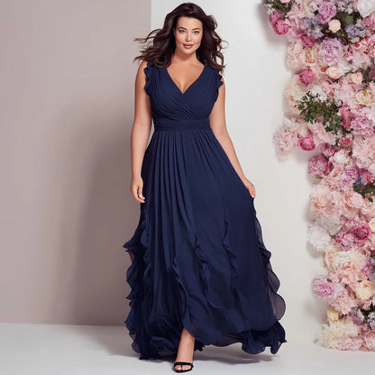 Elegant Navy Blue Chiffon Maxi Dress for Women with V Neck Ruffle Sleeve Ruched Waist Flowing Wedding Guest Style