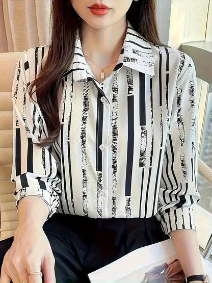 Elegant Striped Chiffon Blouse for Women with Collar Long Sleeve Button Front Relaxed Flowing Style