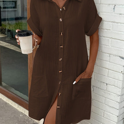 Effortless Textured Cotton Shirt Dress for Women with Collar Short Sleeve Button Front Relaxed Style