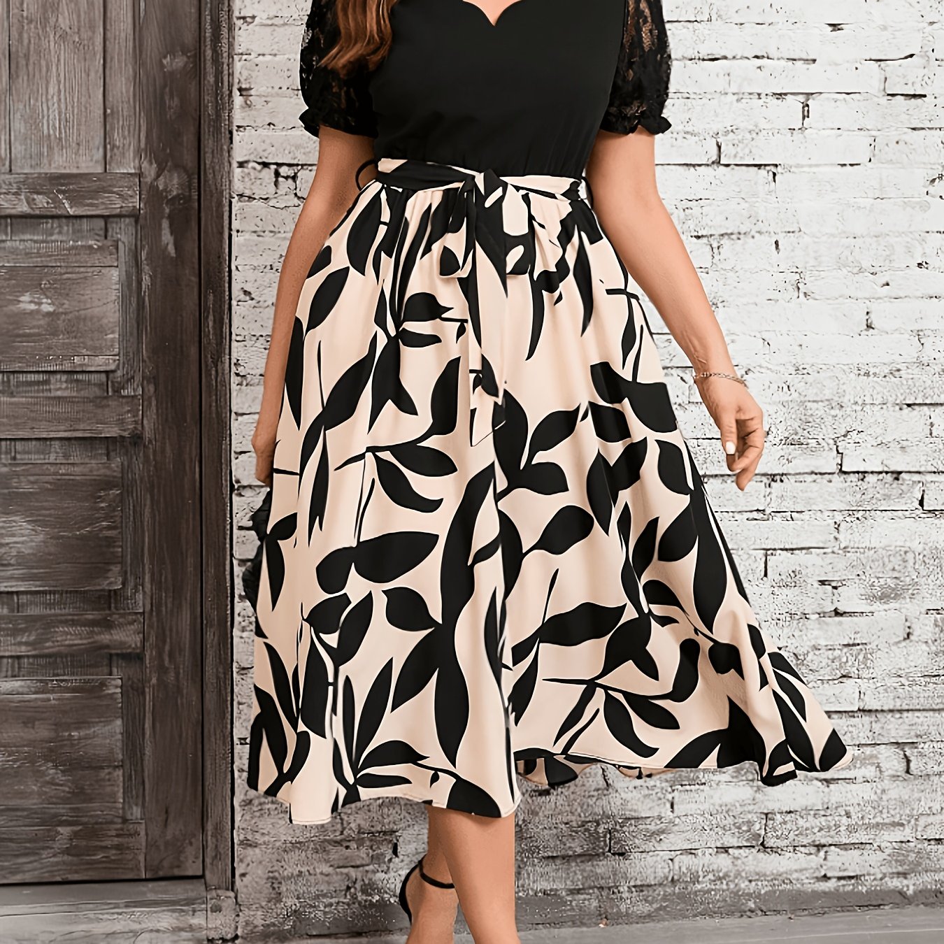Elegant Black Leaf Print Midi Dress for Women with Scalloped V Neck Lace Sleeve Tie Waist Style