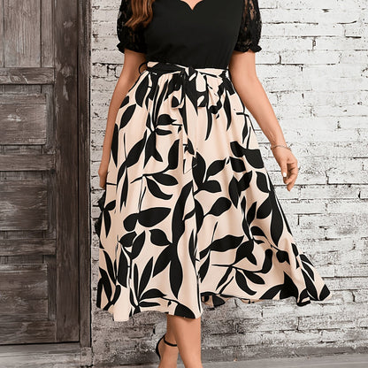 Elegant Black Leaf Print Midi Dress for Women with Scalloped V Neck Lace Sleeve Tie Waist Style