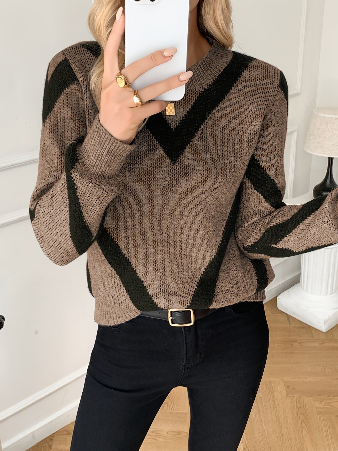 Comfortable Coffee Brown Chevron Sweater for Women with Crew Neck Long Sleeve Relaxed Oversized Knit Style