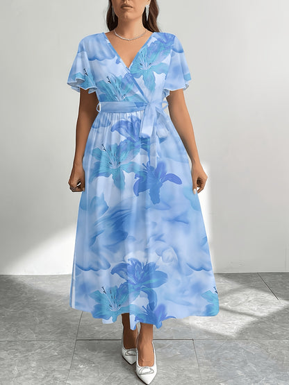 Effortless Multicolor Floral Maxi Dress for Women with V Neck Flutter Sleeve Wrap Belted Flowing Bohemian Style