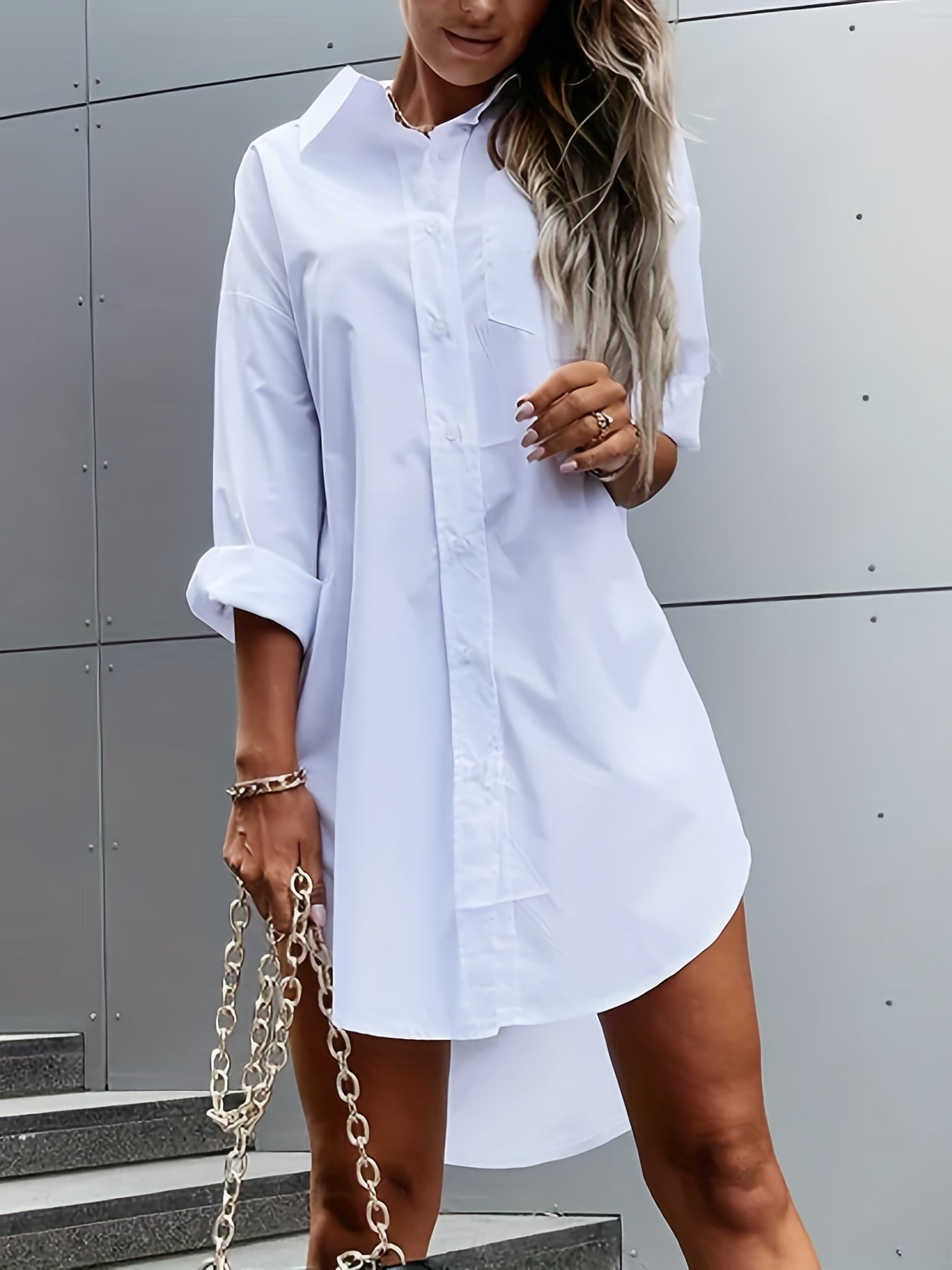 Effortless Shirt Dress for Women with Collar Long Sleeve High Low Relaxed Style