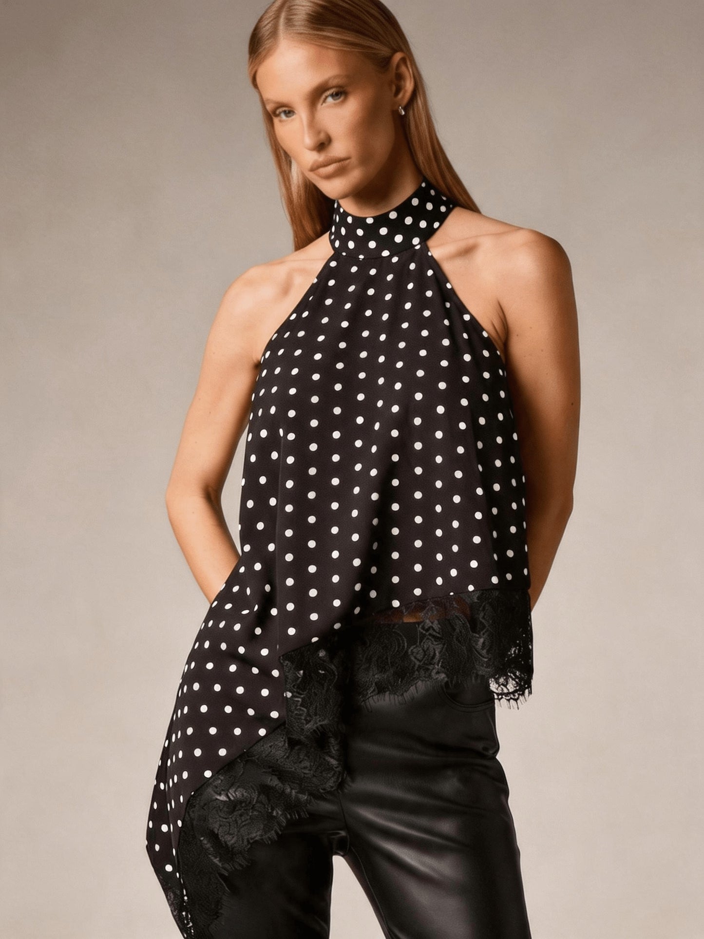 Irregular Patchwork Lace Neckline Halter Top, Women's Elegant Vest