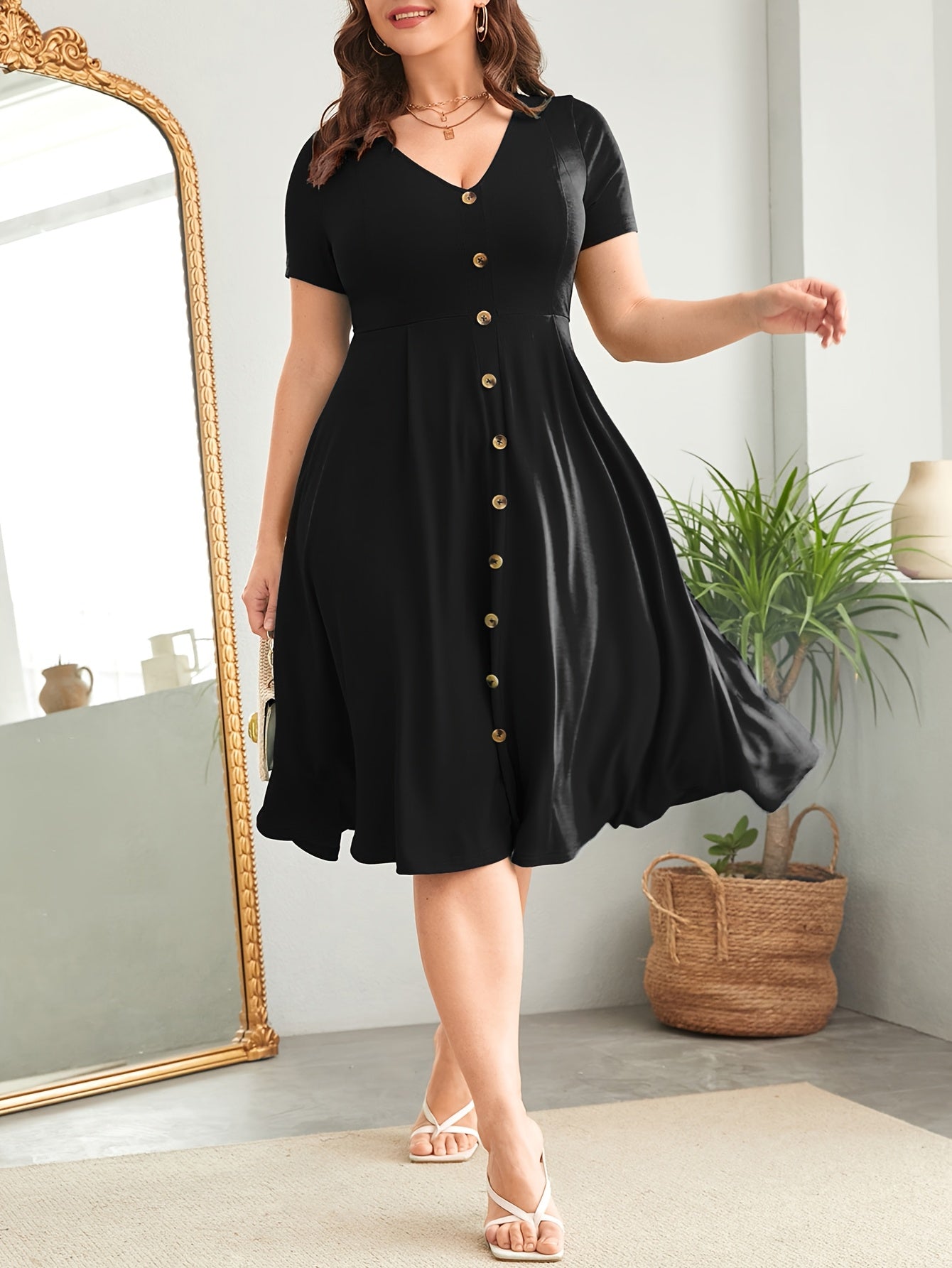 Elegant Burgundy Button Front Midi Dress for Women with V Neck Short Sleeve Fit Flare Plus Size Style