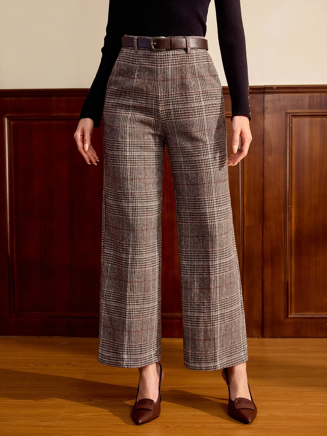 Effortless Lattice Plaid Wide Leg Pants for Women with High Waist Belted Tailored Relaxed Style
