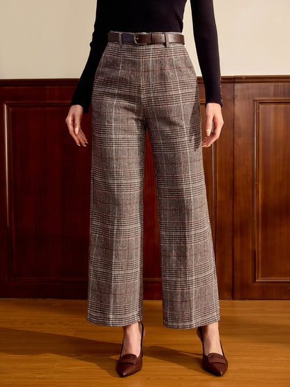 Effortless Lattice Plaid Wide Leg Pants for Women with High Waist Belted Tailored Relaxed Style