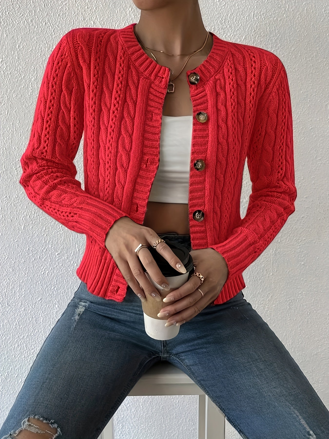 Comfortable Cable Knit Cardigan for Women with Crew Neck Long Sleeve Button Front Cropped Casual Style