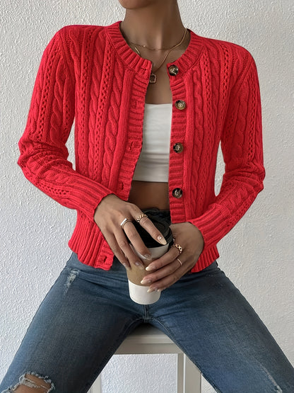 Comfortable Cable Knit Cardigan for Women with Crew Neck Long Sleeve Button Front Cropped Casual Style