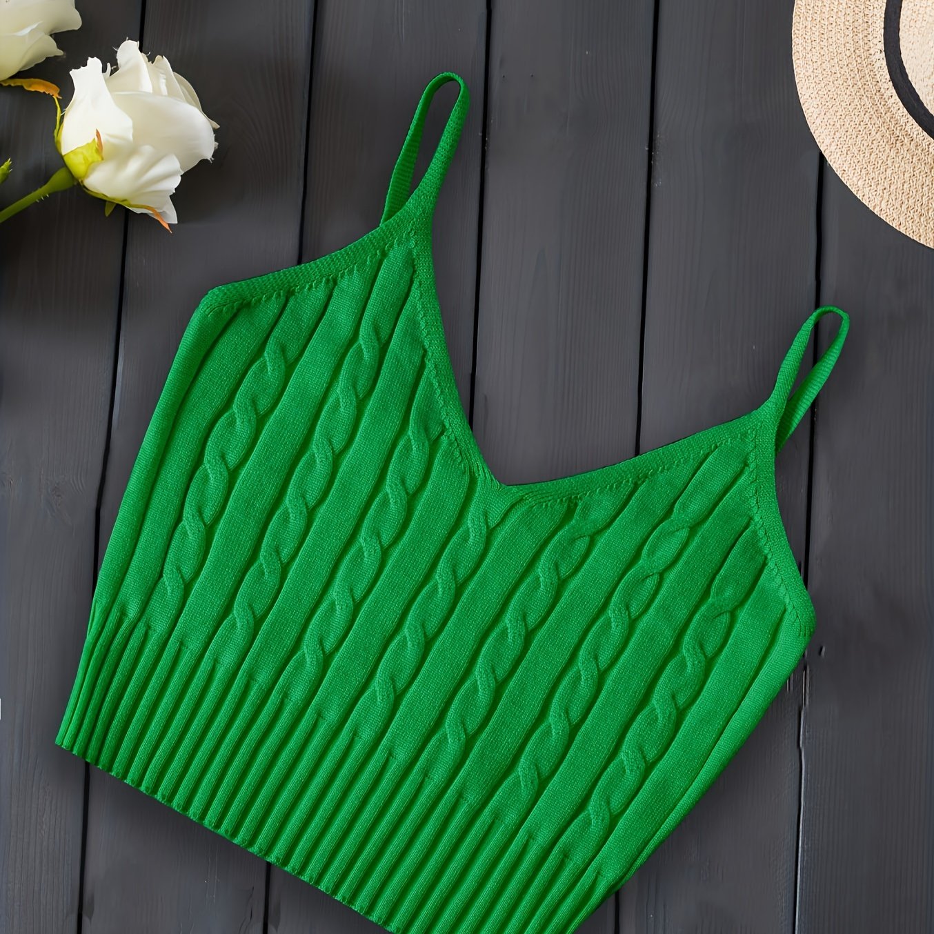 Effortless Cable Knit Crop Top for Women with V Neck Sleeveless Ribbed Fitted Tank Style
