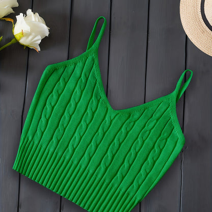 Effortless Cable Knit Crop Top for Women with V Neck Sleeveless Ribbed Fitted Tank Style