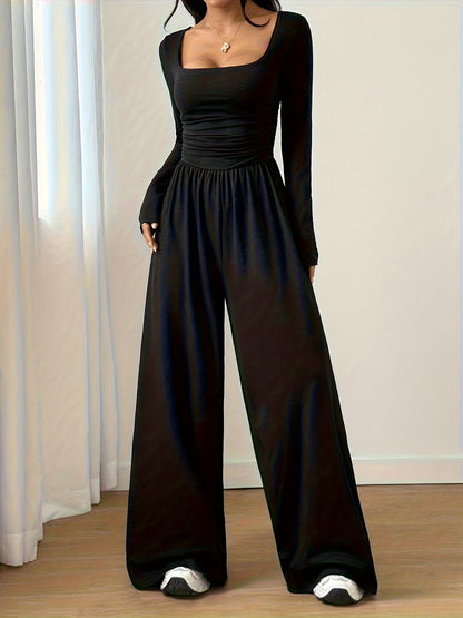 Elegant Black Jumpsuit for Women with Square Neck Long Sleeve Ruched Wide Leg Style