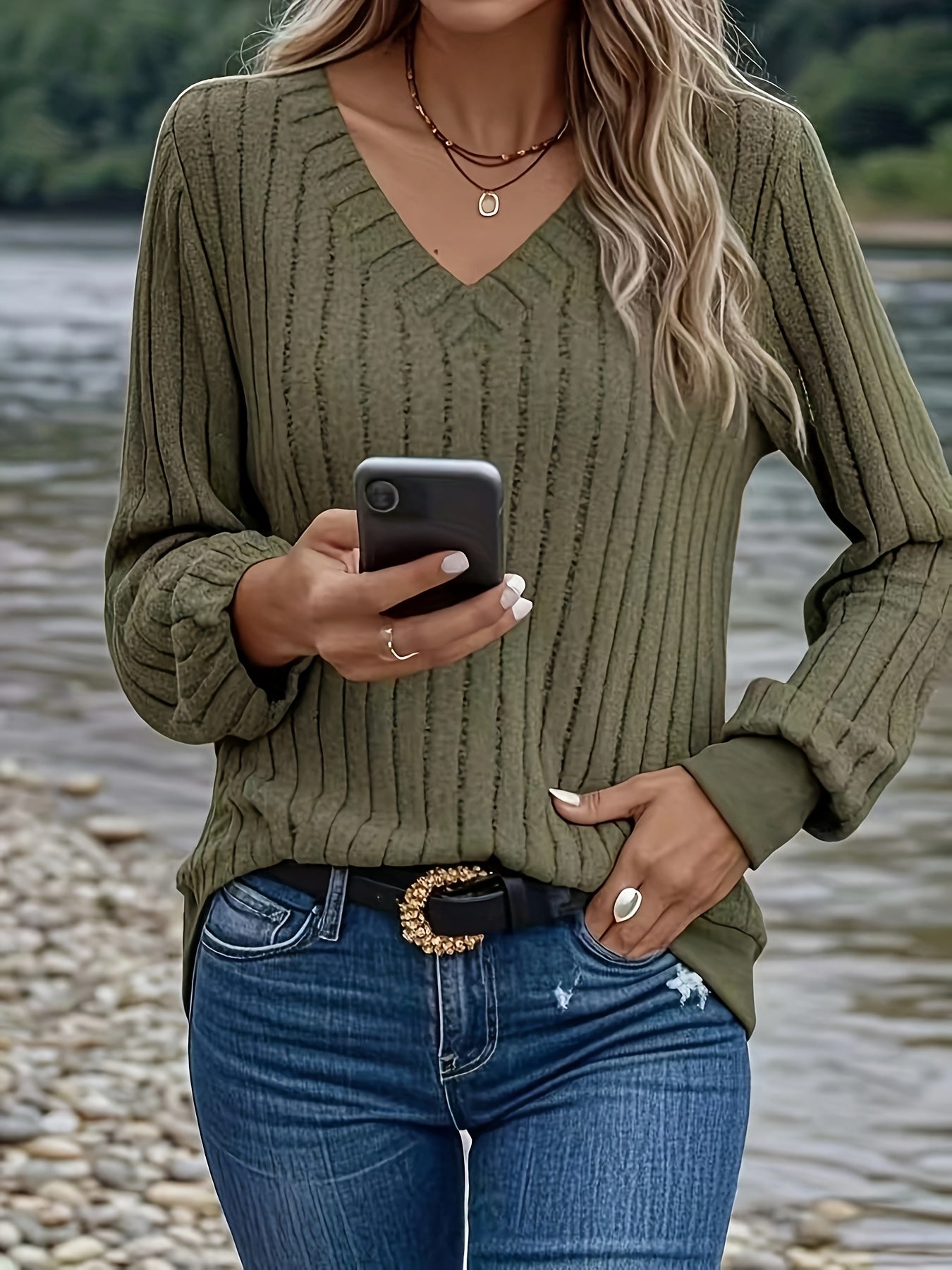 Comfortable Ribbed Knit Sweater for Women with V Neck Long Sleeve Relaxed Casual Style
