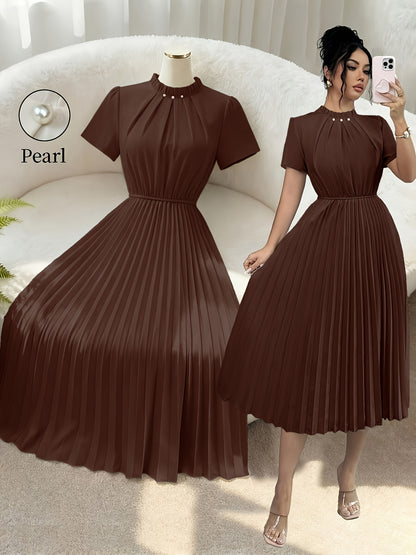 Elegant Apricot Pleated Midi Dress for Women with Ruffle Mock Neck Short Sleeve Pearl Detail Flowing Style