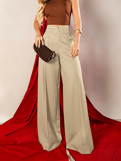 Elegant Khaki Wide Leg Trouser for Women with High Waist Button Detail Tailored Flowing Style
