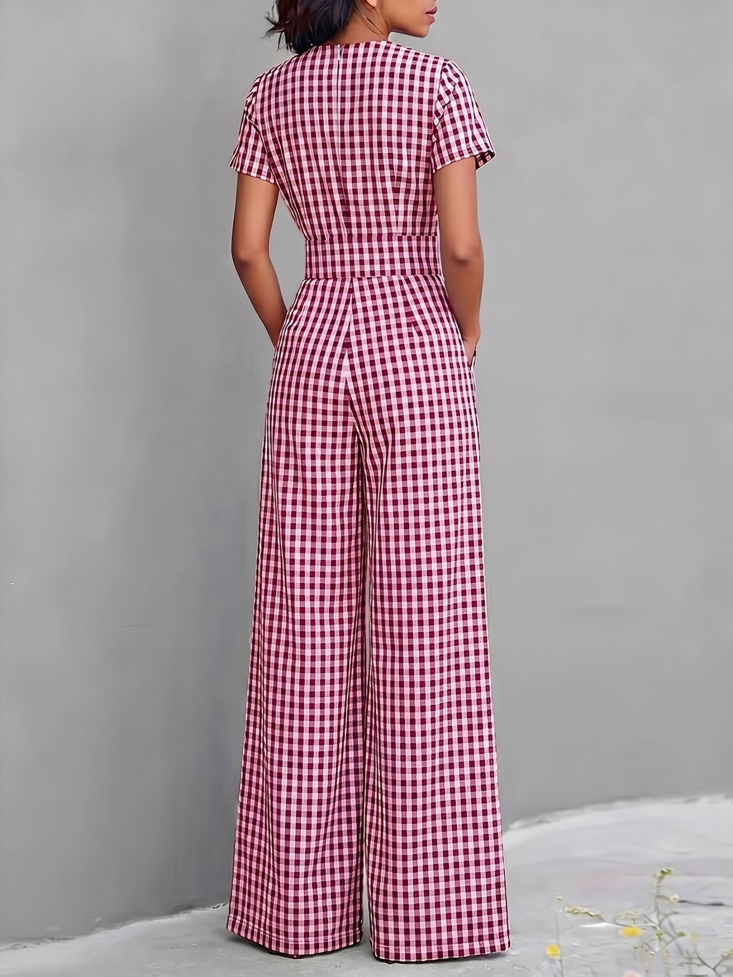 Effortless Gingham Wide Leg Jumpsuit for Women with V Neck Short Sleeve Fitted Waist Pocket Style