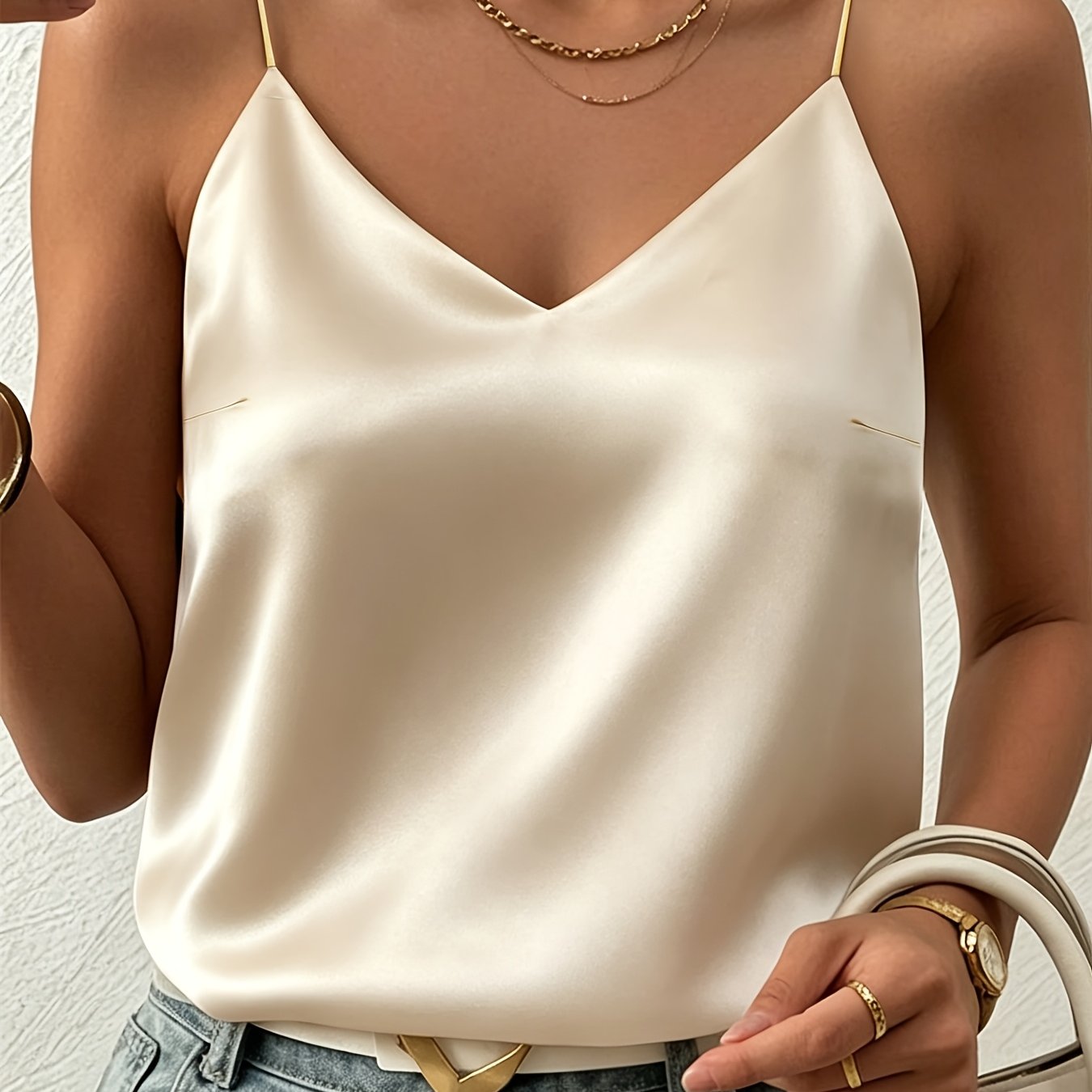 Elegant Satin Camisole Top for Women with V Neck Sleeveless Relaxed Flowing Style
