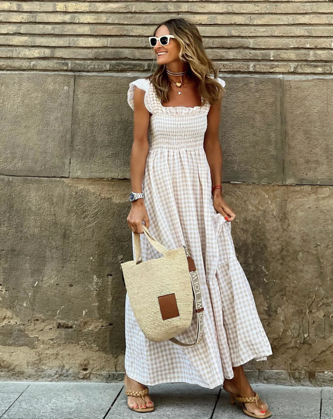 Briona | Women's Gingham Smocked Square Neck Maxi Dress