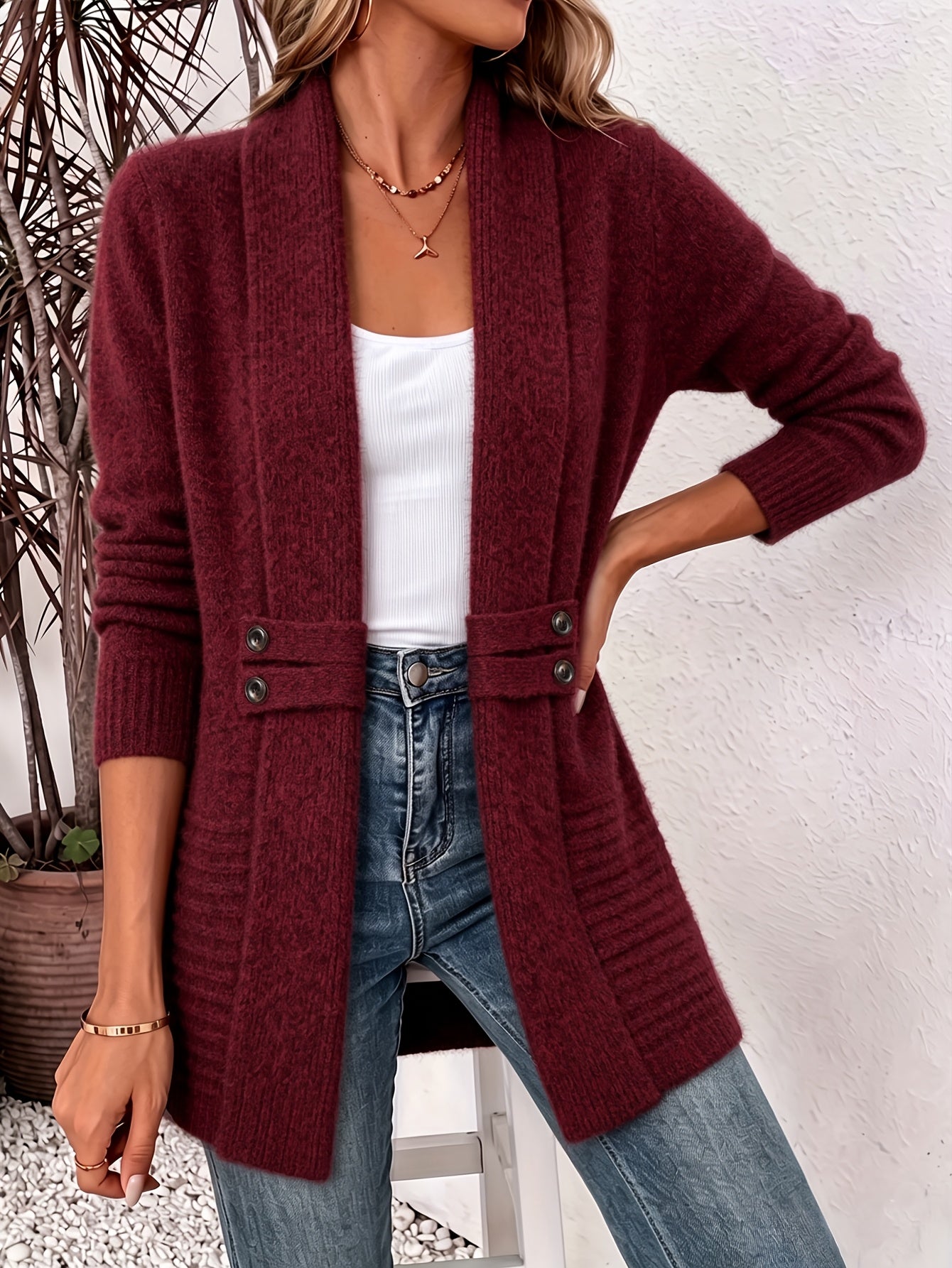 Comfortable Ribbed Knit Cardigan Sweater for Women with Shawl Collar Long Sleeve Button Detail Casual Style