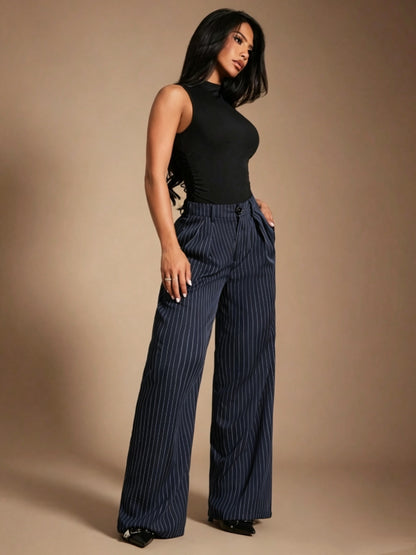 Effortless Navy Pinstripe Wide Leg Pants for Women with High Waist Pleated Front Tailored Relaxed Style