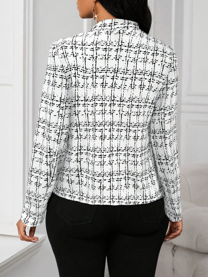 Elegant Tweed Plaid Blazer for Women with Notched Collar Long Sleeve Open Front Asymmetric Hem Casual Style