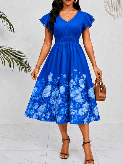 Effortless Blue Floral Midi Dress for Women with V Neck Flutter Sleeve Smocked Waist Flowing Style